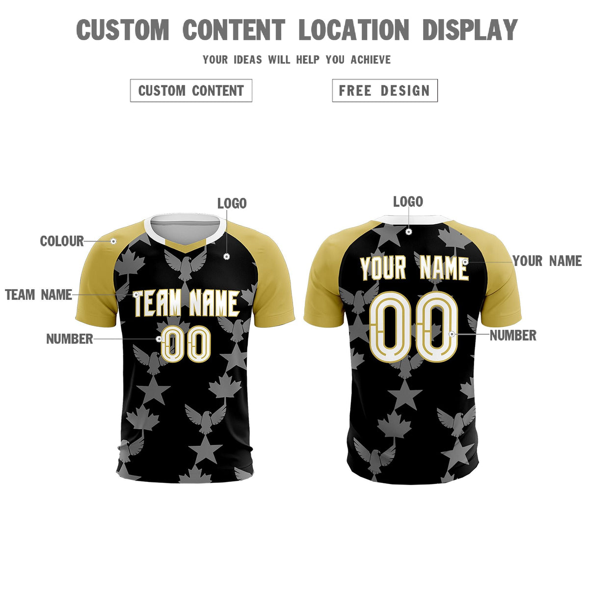 Custom Old Gold Black World Cup Inspired Breathable&amp;Quick-Drying Training Uniform Raglan Sleeve Soccer Sets Jersey