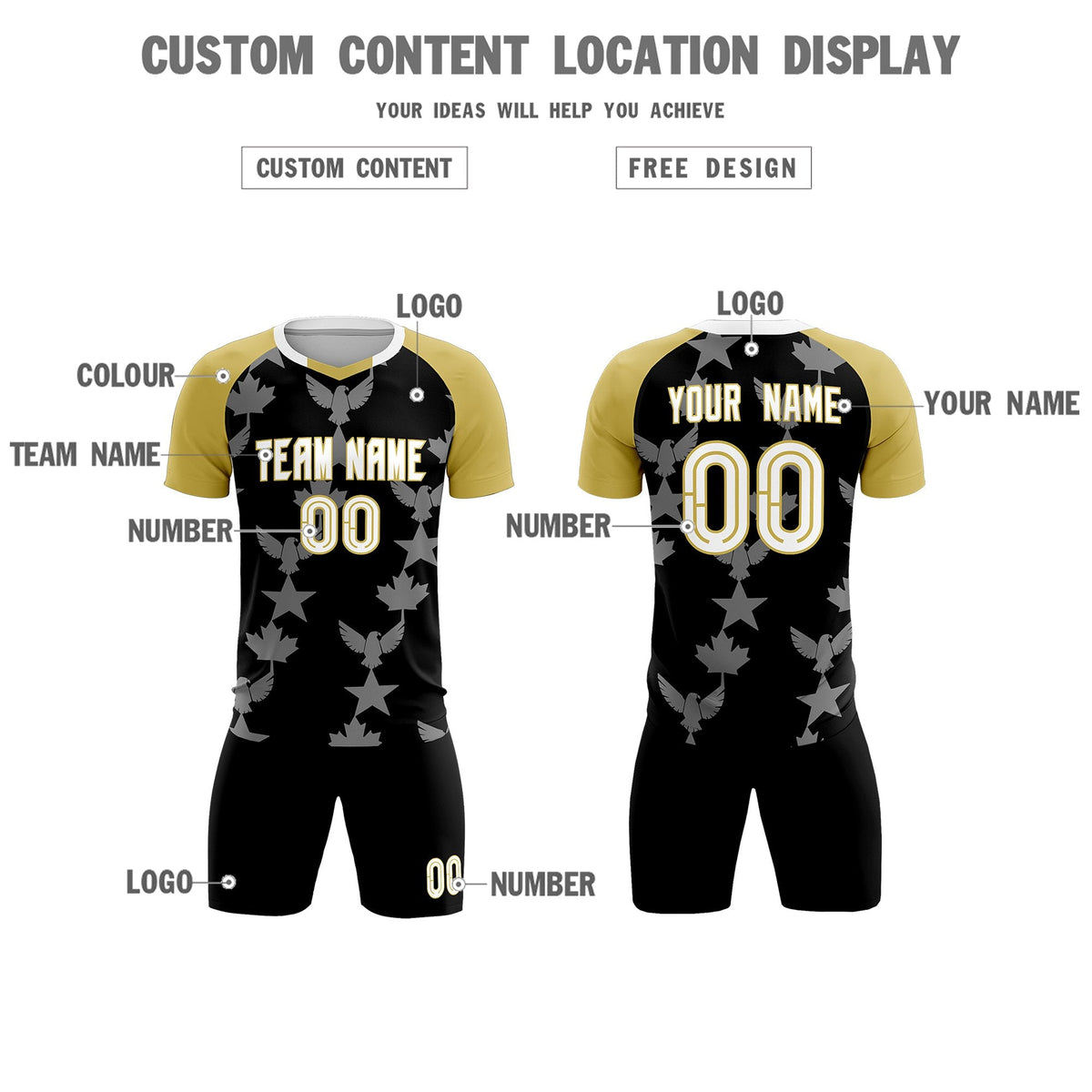Custom Old Gold Black World Cup Inspired Breathable&amp;Quick-Drying Training Uniform Raglan Sleeve Soccer Sets Jersey