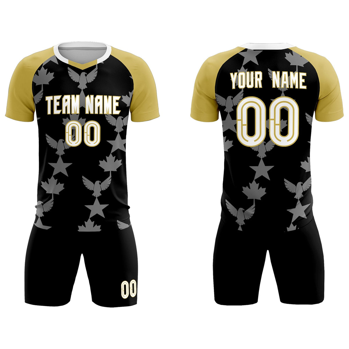 Custom Old Gold Black World Cup Inspired Breathable&amp;Quick-Drying Training Uniform Raglan Sleeve Soccer Sets Jersey