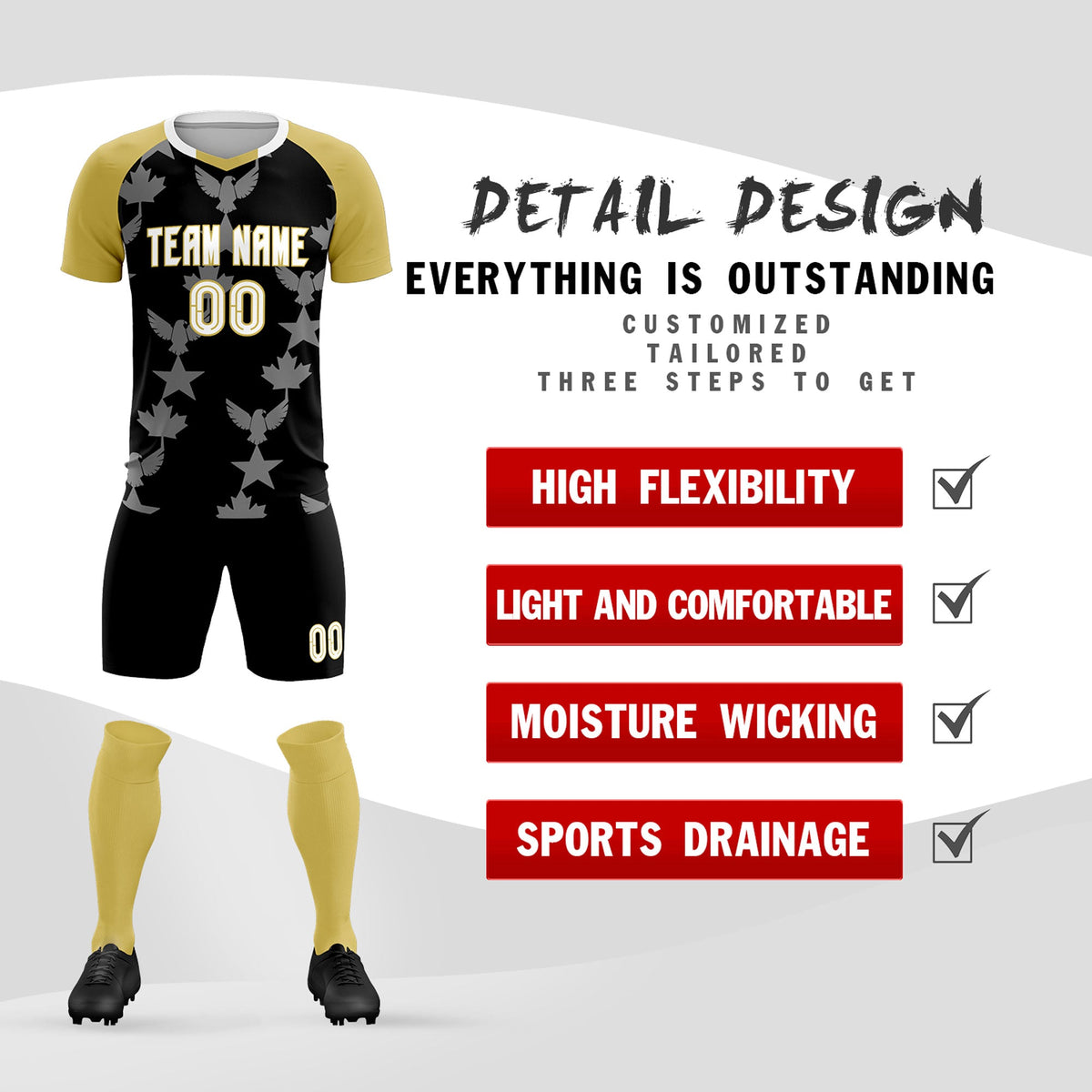 Custom Old Gold Black World Cup Inspired Breathable&amp;Quick-Drying Training Uniform Raglan Sleeve Soccer Sets Jersey