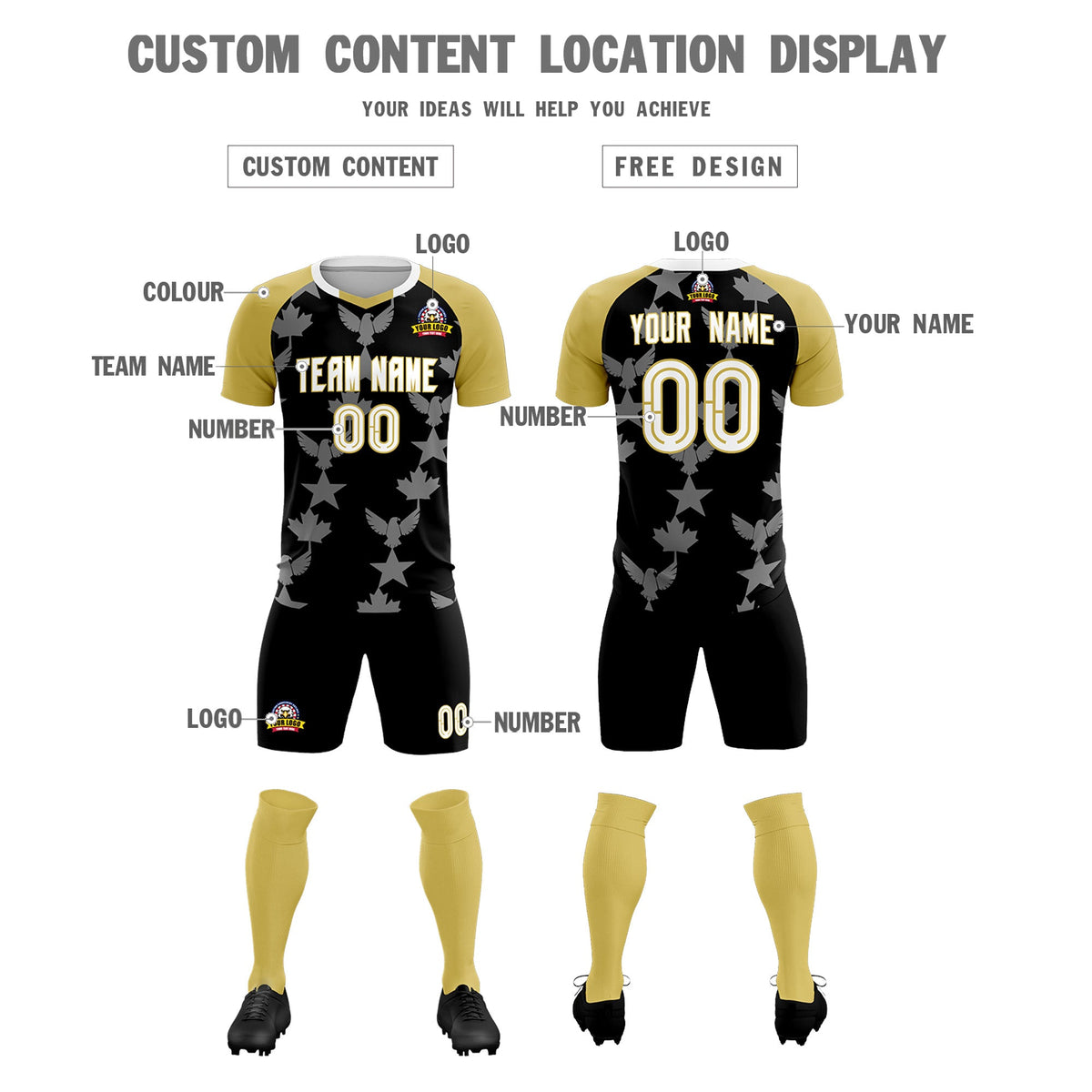 Custom Old Gold Black World Cup Inspired Breathable&amp;Quick-Drying Training Uniform Raglan Sleeve Soccer Sets Jersey