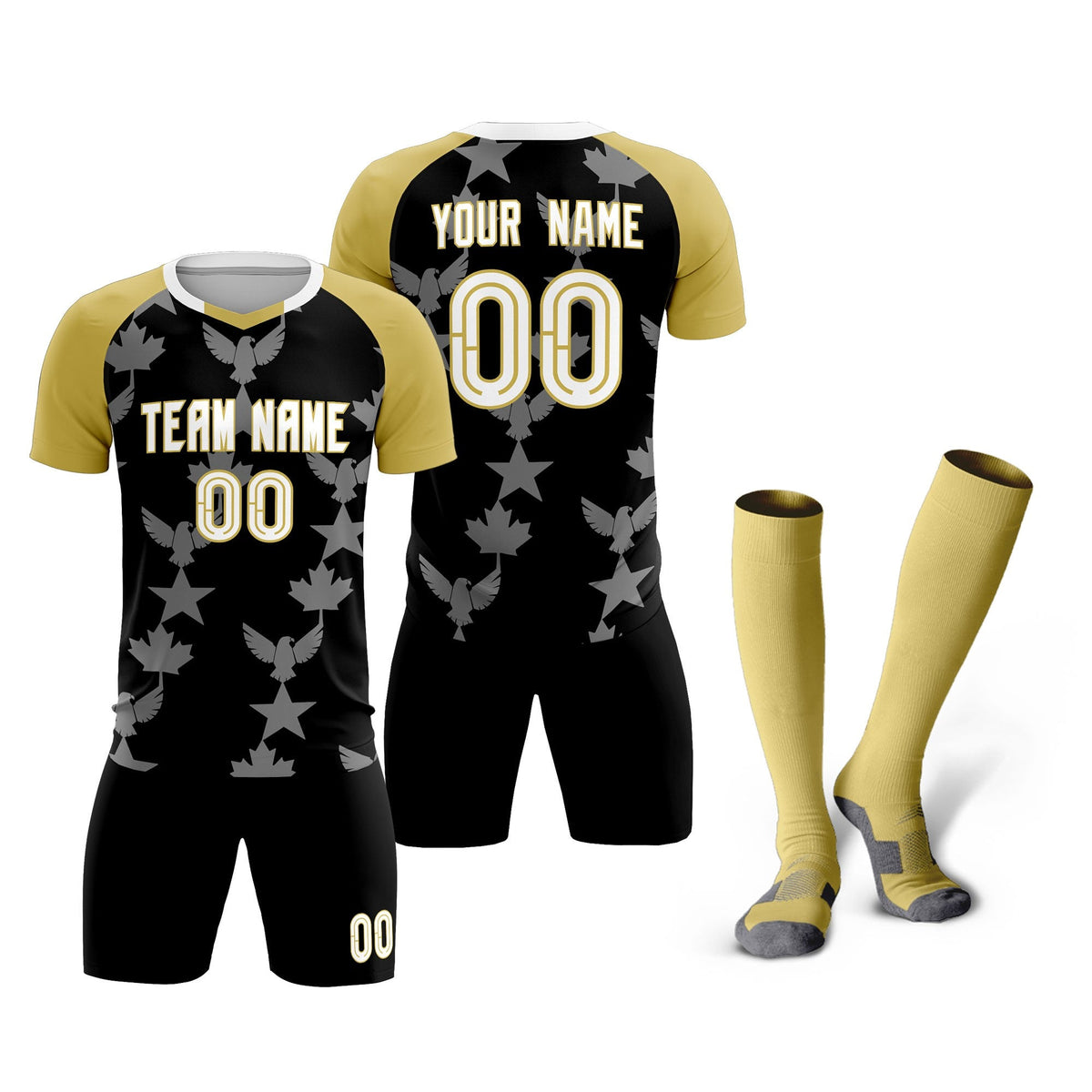 Custom Old Gold Black World Cup Inspired Breathable&amp;Quick-Drying Training Uniform Raglan Sleeve Soccer Sets Jersey