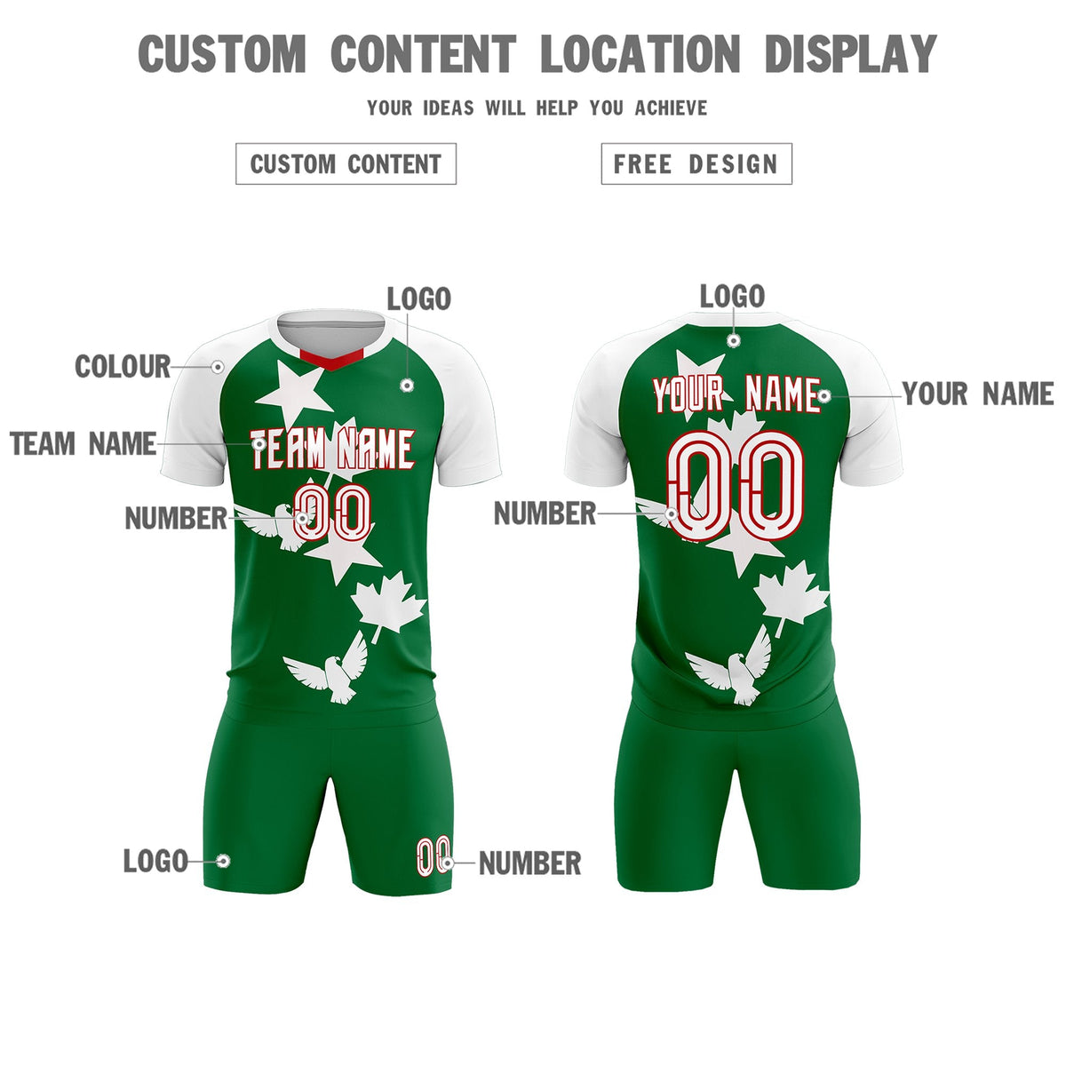 Custom White Kelly Green World Cup Inspired Wrinkle-Resistant Training Uniform Raglan Sleeve Soccer Sets Jersey
