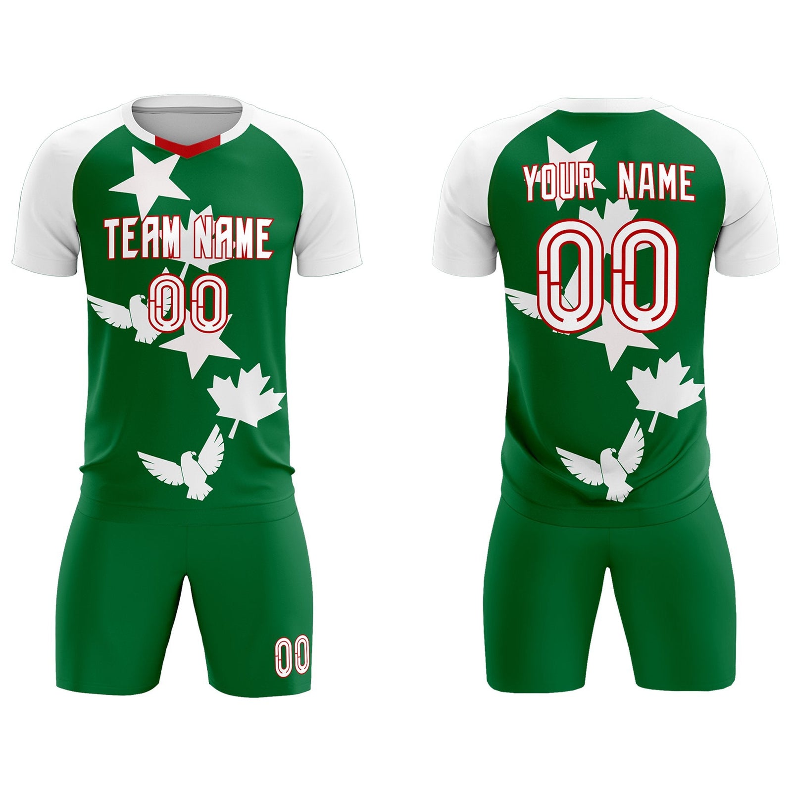 Custom White Kelly Green World Cup Inspired Wrinkle-Resistant Training Uniform Raglan Sleeve Soccer Sets Jersey
