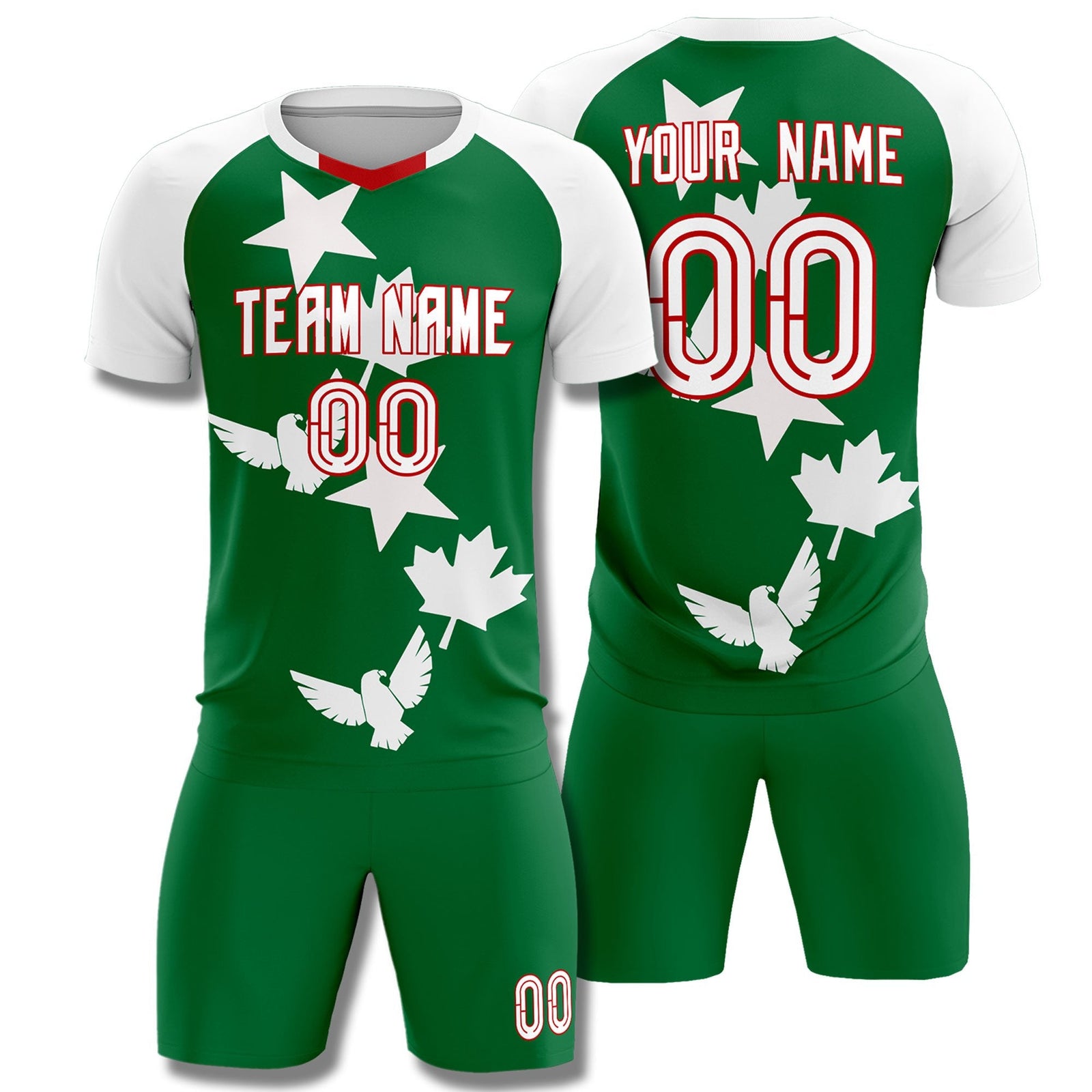 Custom White Kelly Green World Cup Inspired Wrinkle-Resistant Training Uniform Raglan Sleeve Soccer Sets Jersey