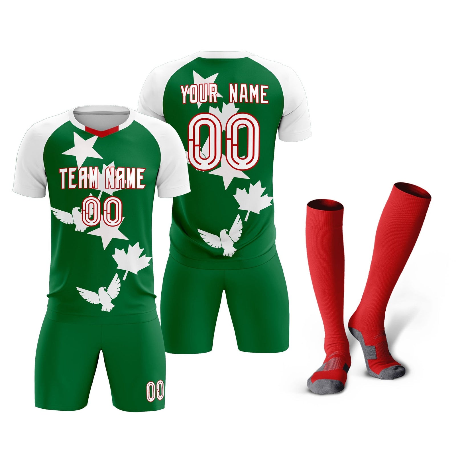 Custom White Kelly Green World Cup Inspired Wrinkle-Resistant Training Uniform Raglan Sleeve Soccer Sets Jersey
