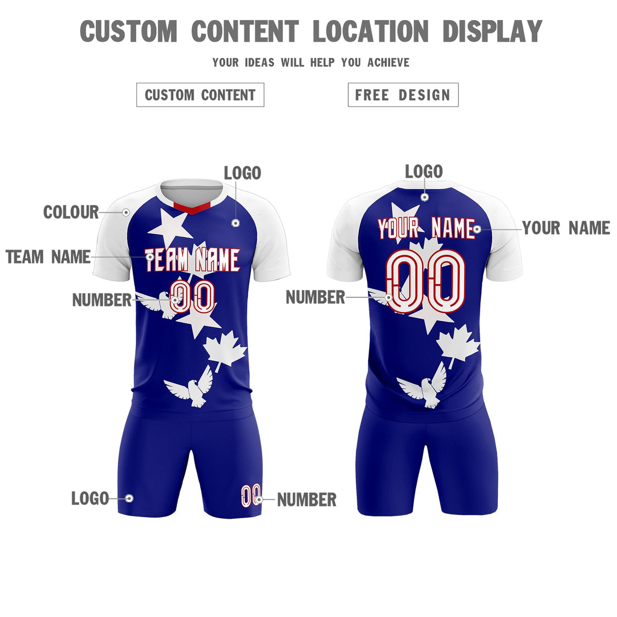 Custom White Royal World Cup Inspired Breathable&amp;Quick-Drying Training Uniform Raglan Sleeve Soccer Sets Jersey