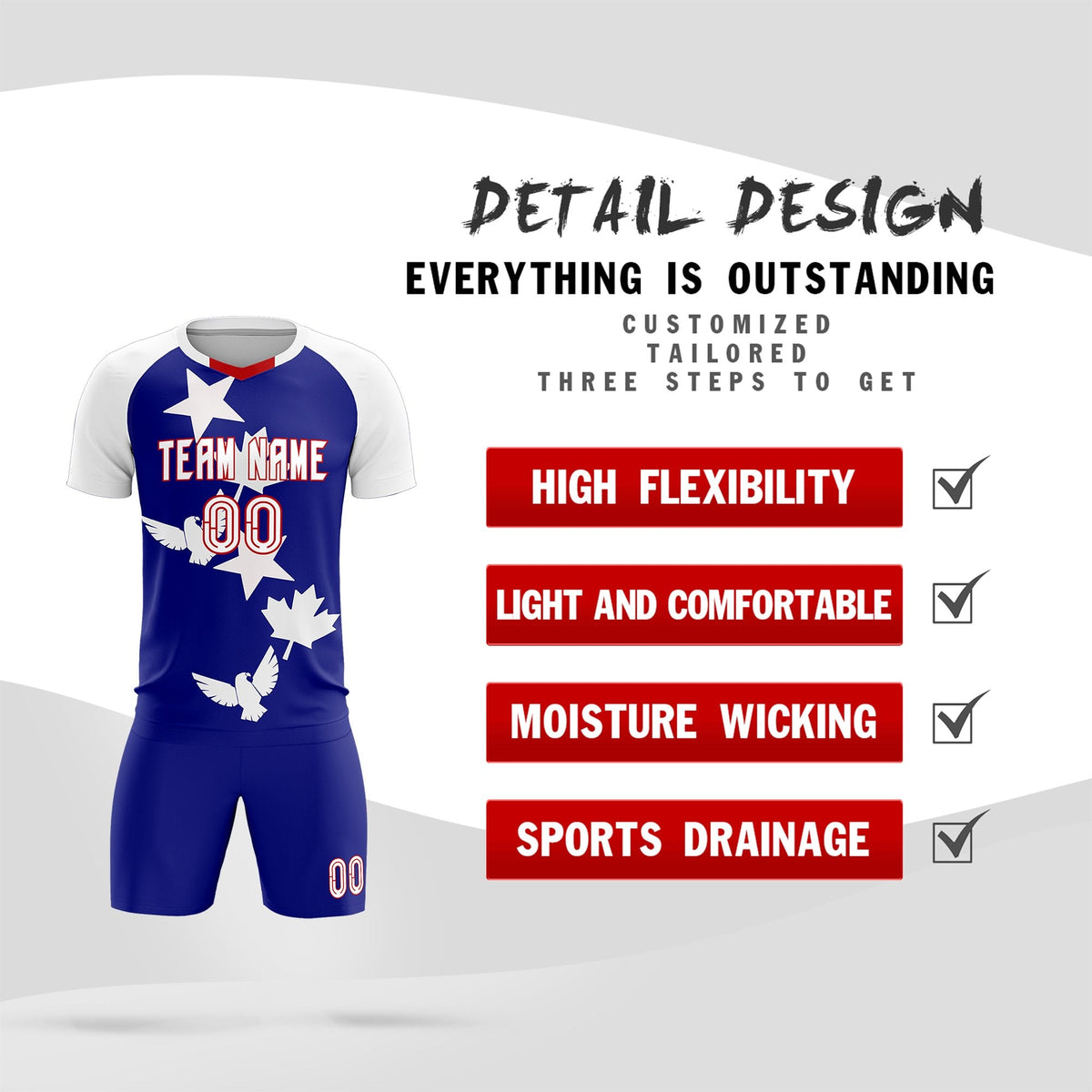 Custom White Royal World Cup Inspired Breathable&amp;Quick-Drying Training Uniform Raglan Sleeve Soccer Sets Jersey