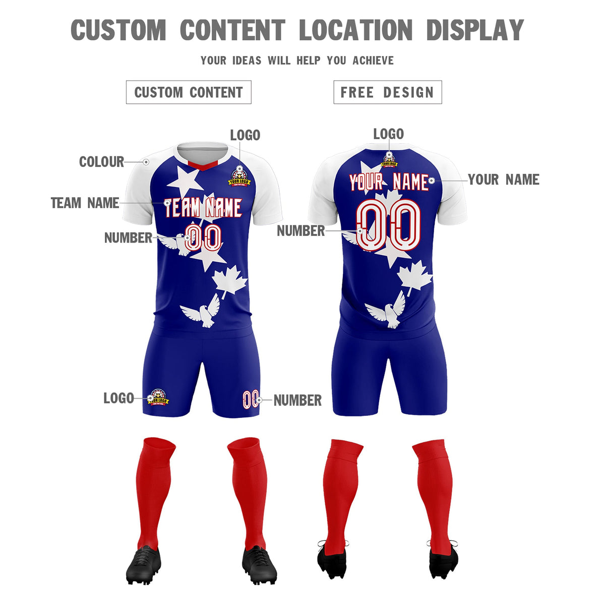 Custom White Royal World Cup Inspired Breathable&amp;Quick-Drying Training Uniform Raglan Sleeve Soccer Sets Jersey