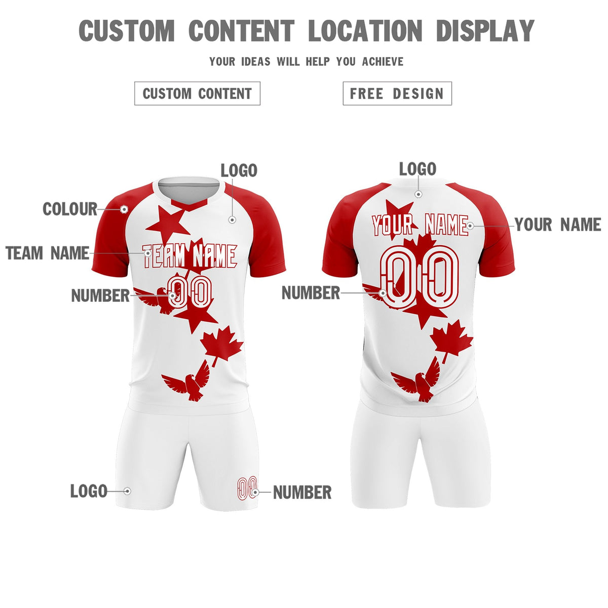 Custom Red White World Cup Inspired Lightweight&amp;Drapable Training Uniform Raglan Sleeve Soccer Sets Jersey