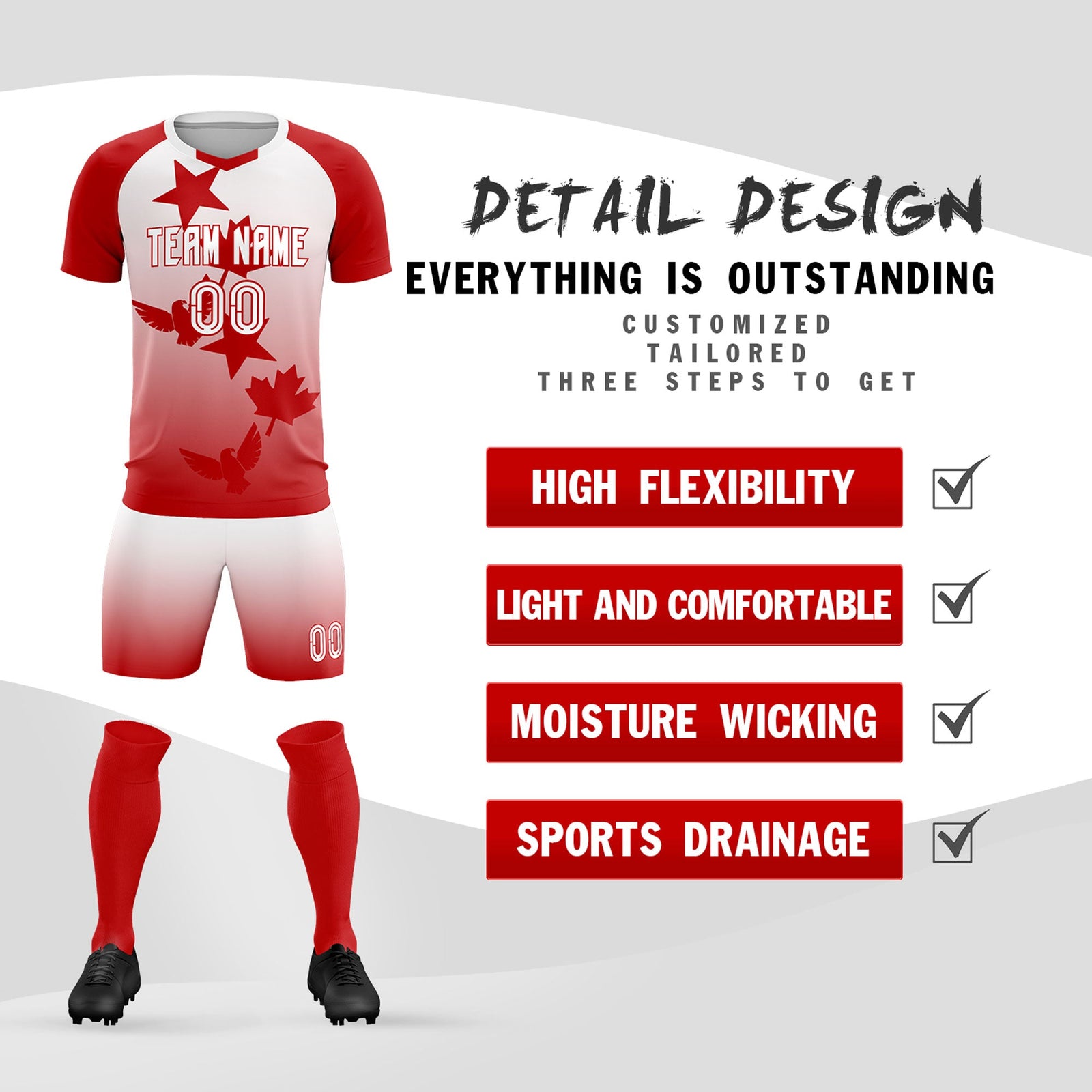 Custom Red White World Cup Inspired Wrinkle-Resistant Training Uniform Gradient Fashion Soccer Sets Jersey