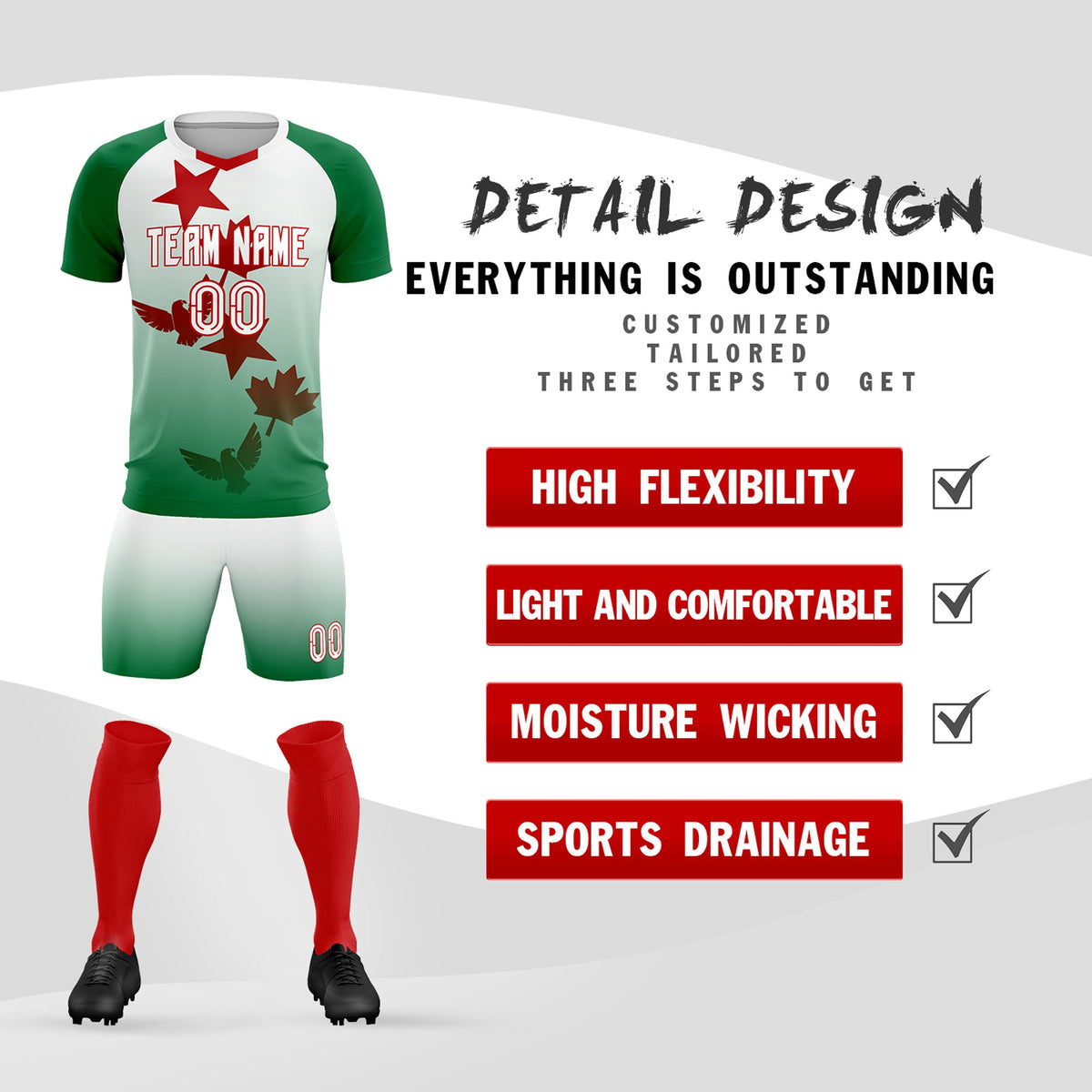 Custom Kelly Green White World Cup Inspired Quick-Drying Training Uniform Gradient Fashion Soccer Sets Jersey