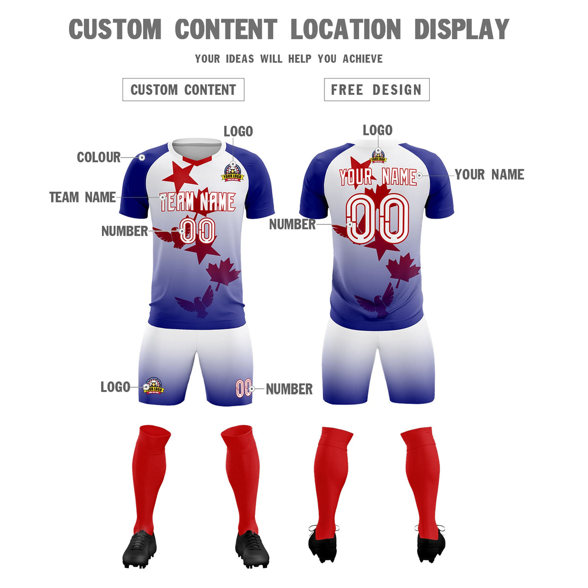 Custom Royal White World Cup Inspired Lightweight&amp;Drapable Training Uniform Gradient Fashion Soccer Sets Jersey