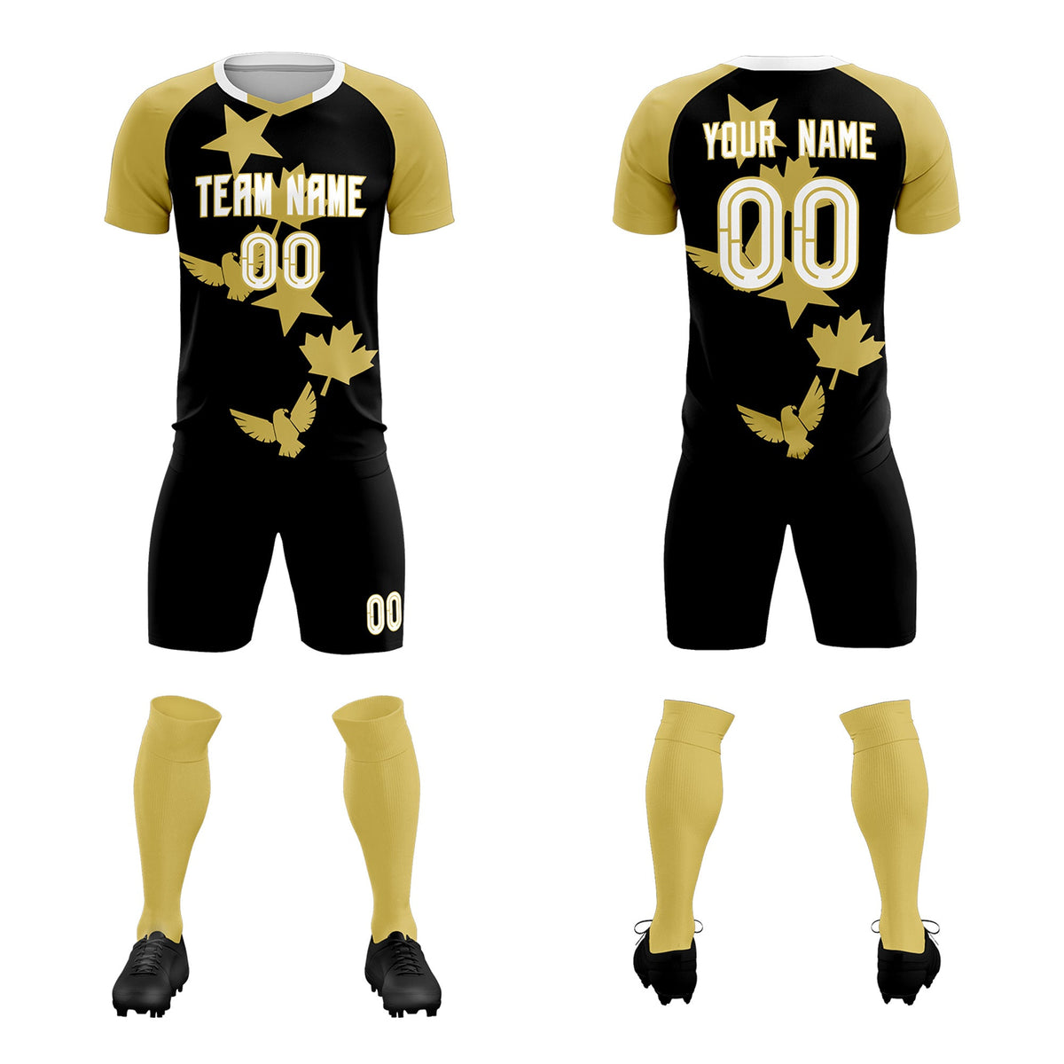 Custom Old Gold Black World Cup Inspired Wrinkle-Resistant Training Uniform Raglan Sleeve Soccer Sets Jersey