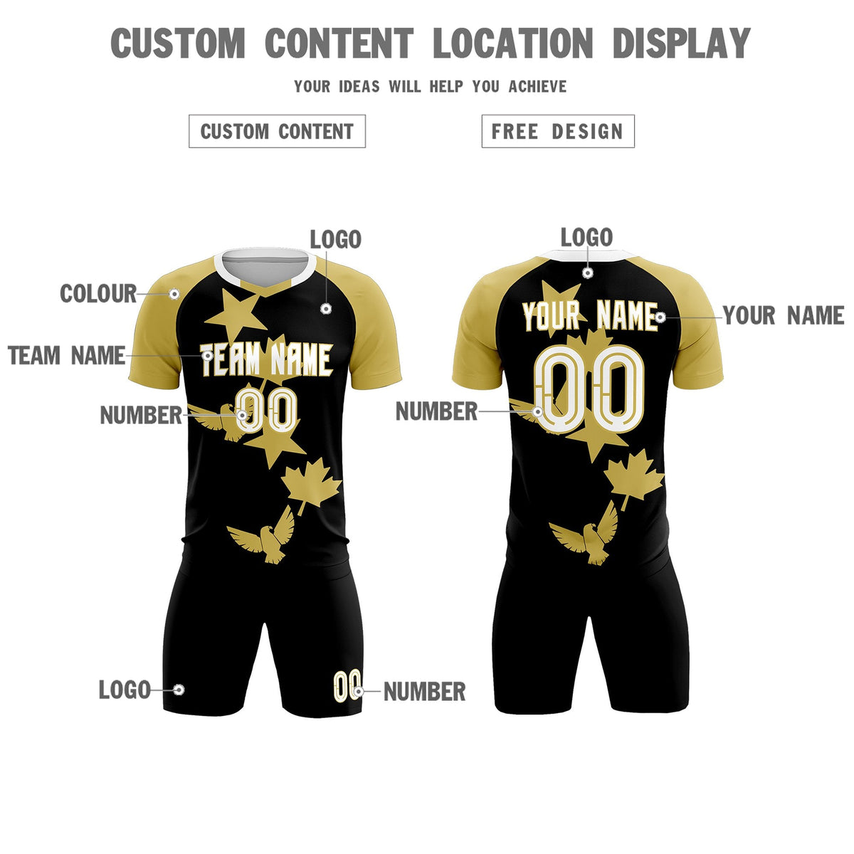 Custom Old Gold Black World Cup Inspired Wrinkle-Resistant Training Uniform Raglan Sleeve Soccer Sets Jersey