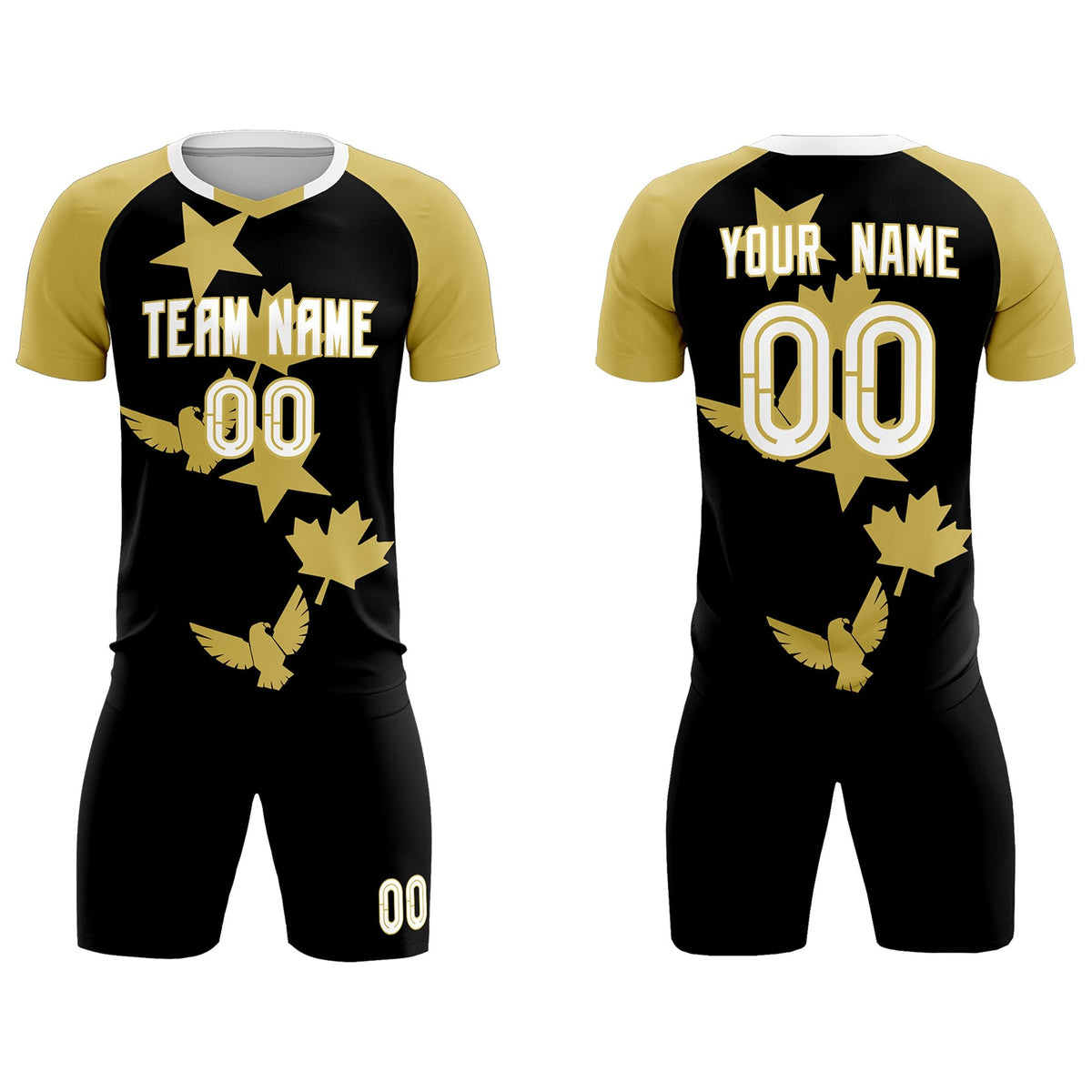 Custom Old Gold Black World Cup Inspired Wrinkle-Resistant Training Uniform Raglan Sleeve Soccer Sets Jersey