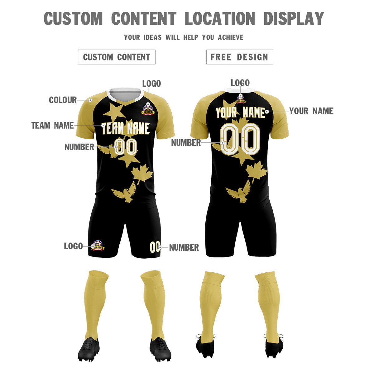 Custom Old Gold Black World Cup Inspired Wrinkle-Resistant Training Uniform Raglan Sleeve Soccer Sets Jersey