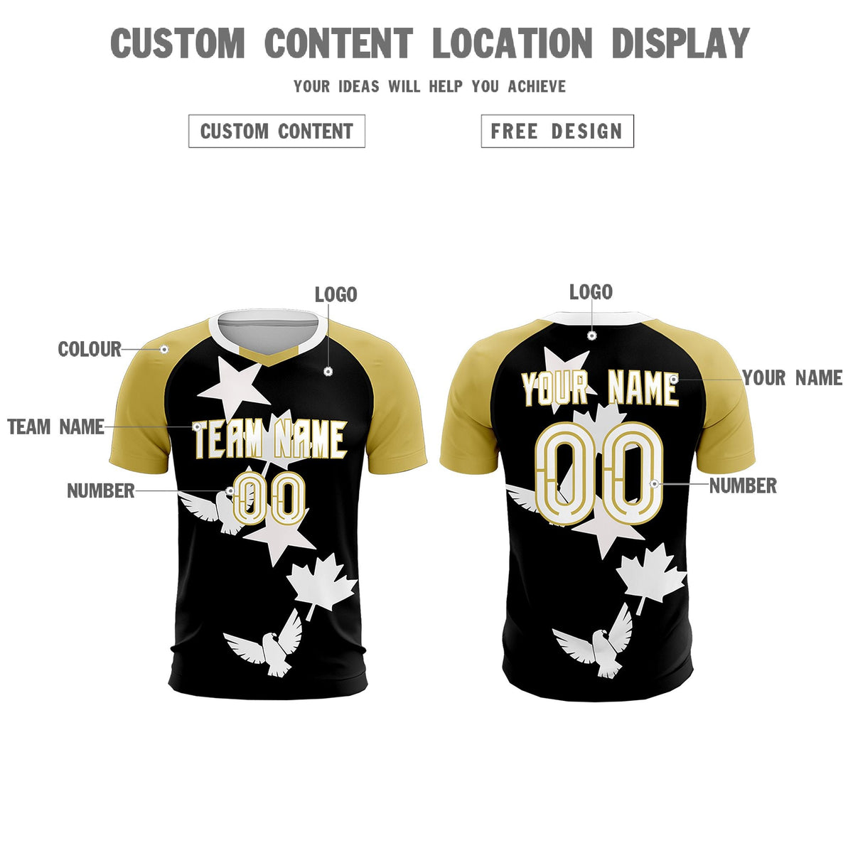 Custom Old Gold Black World Cup Inspired Quick-Drying Training Uniform Raglan Sleeve Soccer Sets Jersey