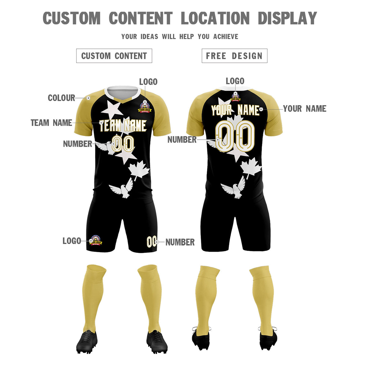 Custom Old Gold Black World Cup Inspired Quick-Drying Training Uniform Raglan Sleeve Soccer Sets Jersey