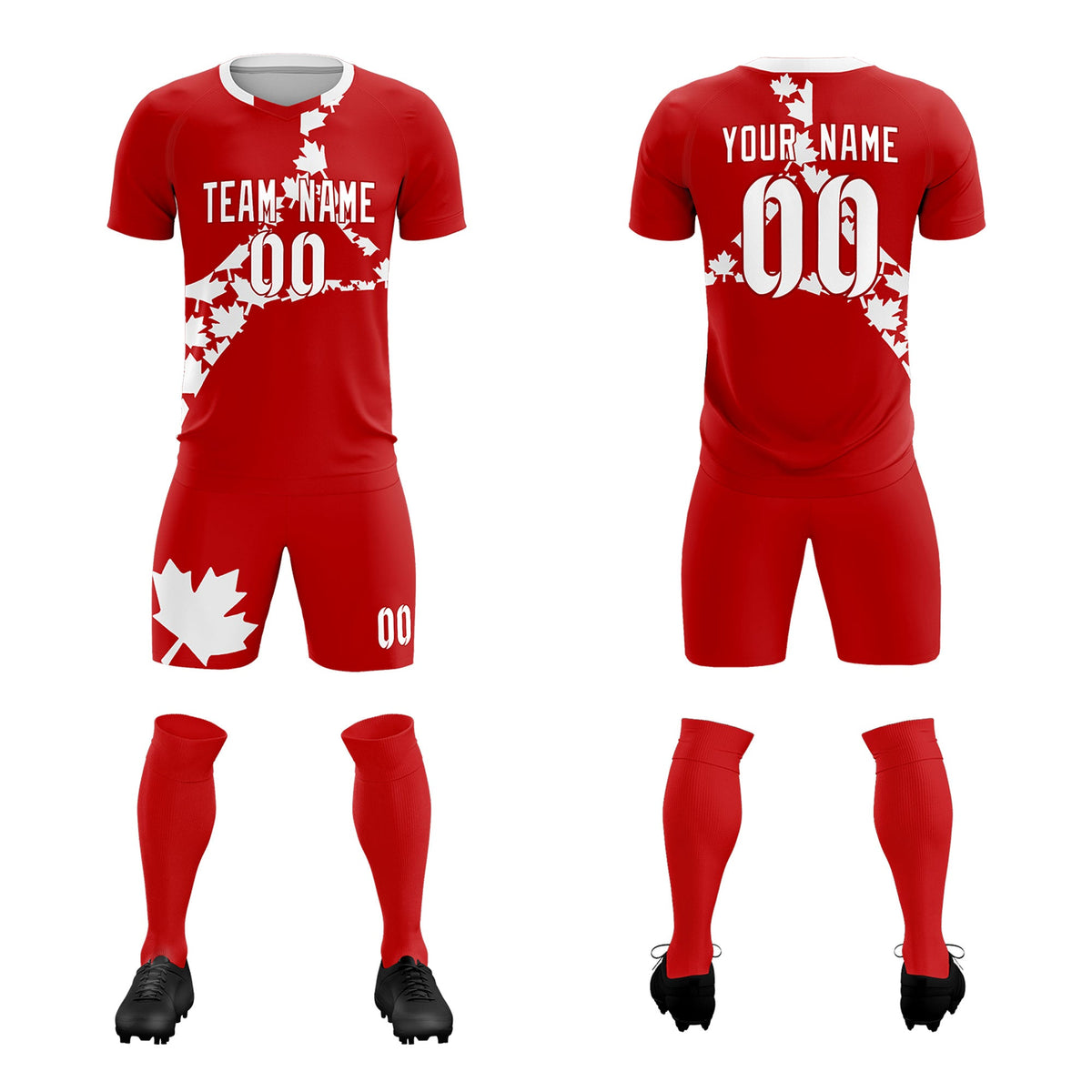 Custom Red White Canada Maple Leaves World Cup Inspired Breathable Graffiti Pattern Soccer Sets Jersey