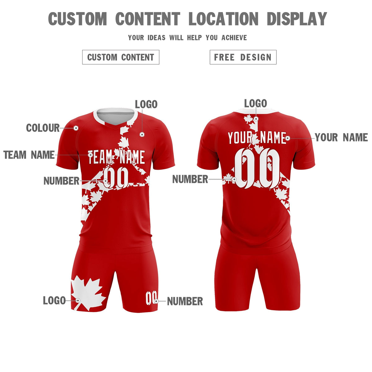 Custom Red White Canada Maple Leaves World Cup Inspired Breathable Graffiti Pattern Soccer Sets Jersey