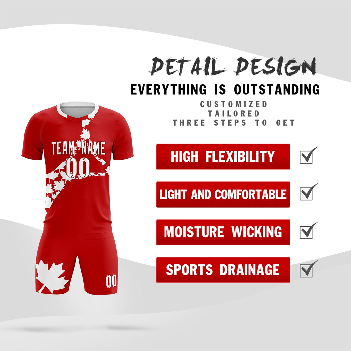 Custom Red White Canada Maple Leaves World Cup Inspired Breathable Graffiti Pattern Soccer Sets Jersey