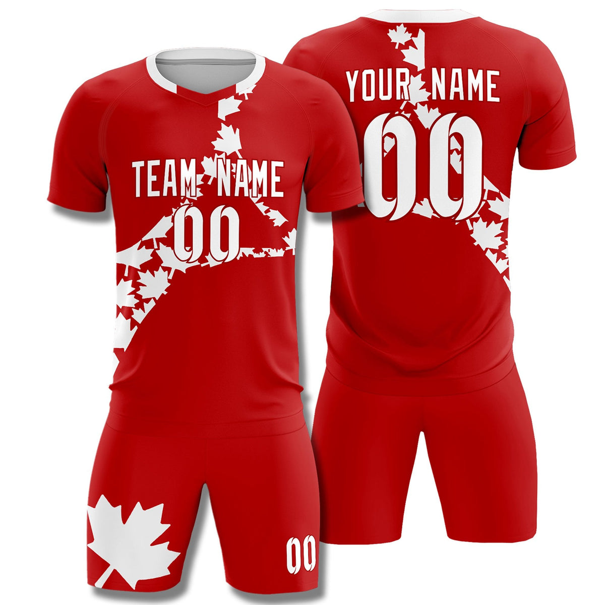 Custom Red White Canada Maple Leaves World Cup Inspired Breathable Graffiti Pattern Soccer Sets Jersey