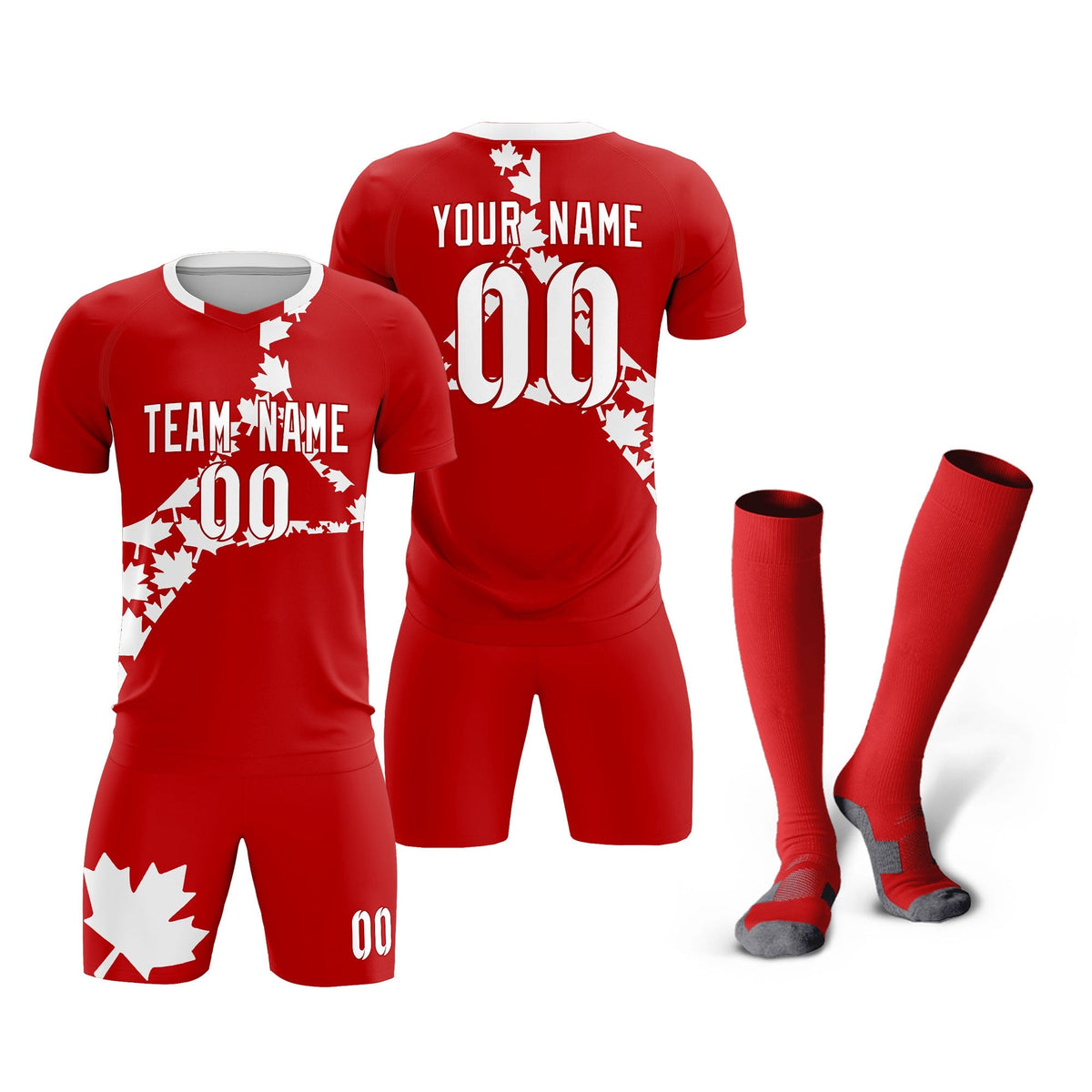 Custom Red White Canada Maple Leaves World Cup Inspired Breathable Graffiti Pattern Soccer Sets Jersey