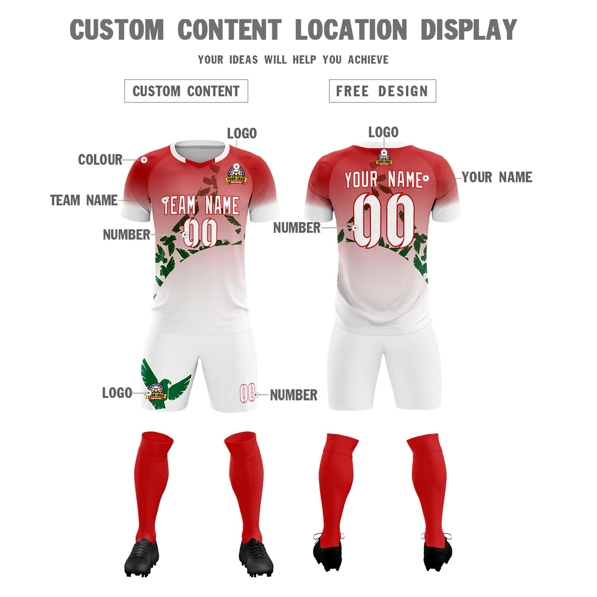 Custom Red Kelly Green Mexico Eagle World Cup Inspired Breathable Gradient Fashion Soccer Sets Jersey