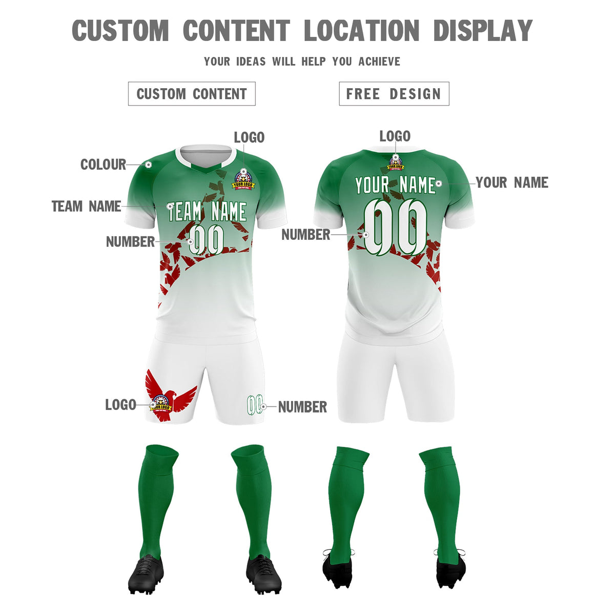 Custom Kelly Green Red Mexico Eagle World Cup Inspired Wrinkle-Resistant Gradient Fashion Soccer Sets Jersey