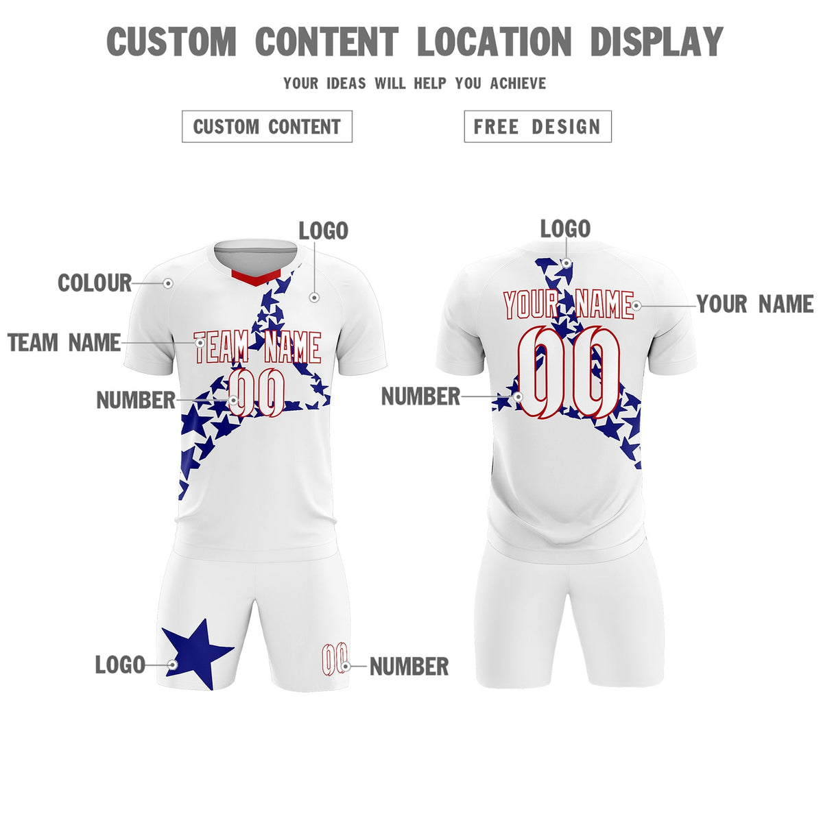 Custom White Royal America Star World Cup Inspired Drapable Graffiti Pattern Soccer Sets Jersey