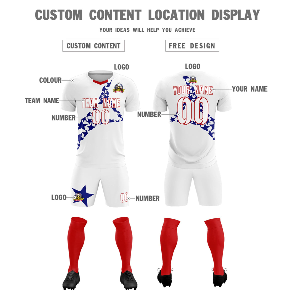 Custom White Royal America Star World Cup Inspired Drapable Graffiti Pattern Soccer Sets Jersey