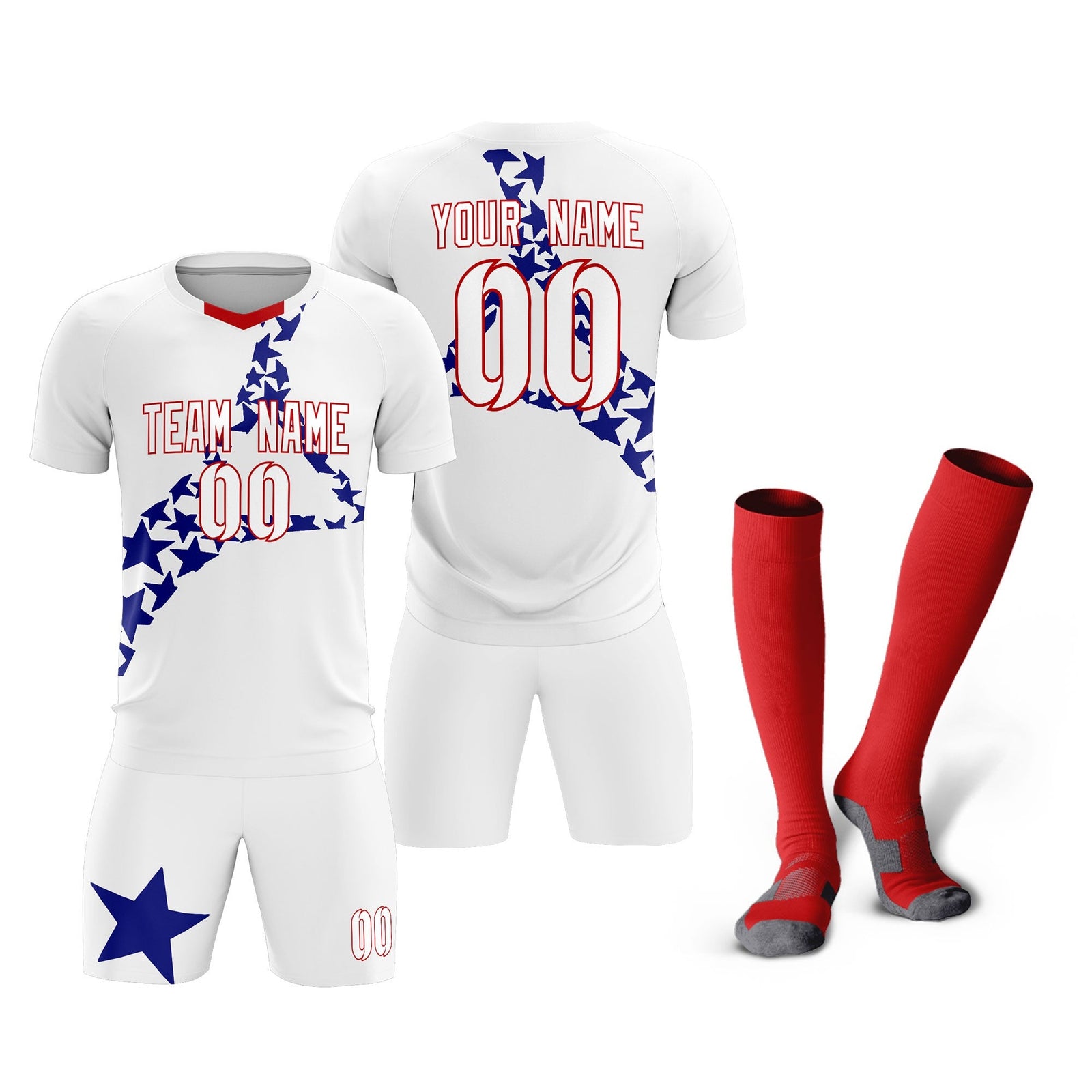 Custom White Royal America Star World Cup Inspired Drapable Graffiti Pattern Soccer Sets Jersey