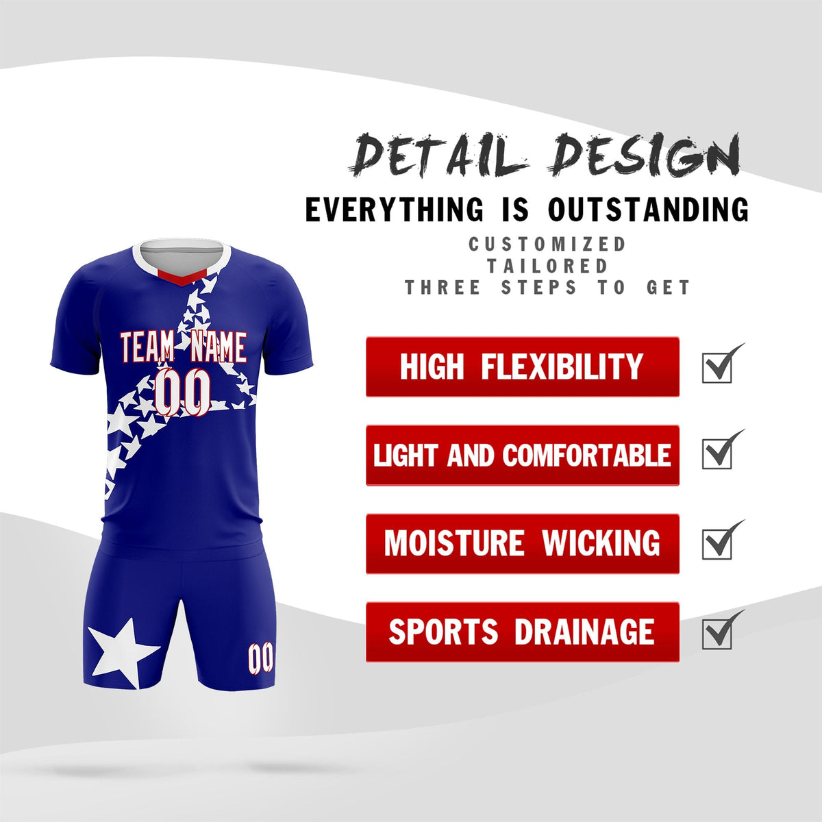 Custom Royal White America Star World Cup Inspired Breathable Graffiti Pattern Soccer Sets Jersey