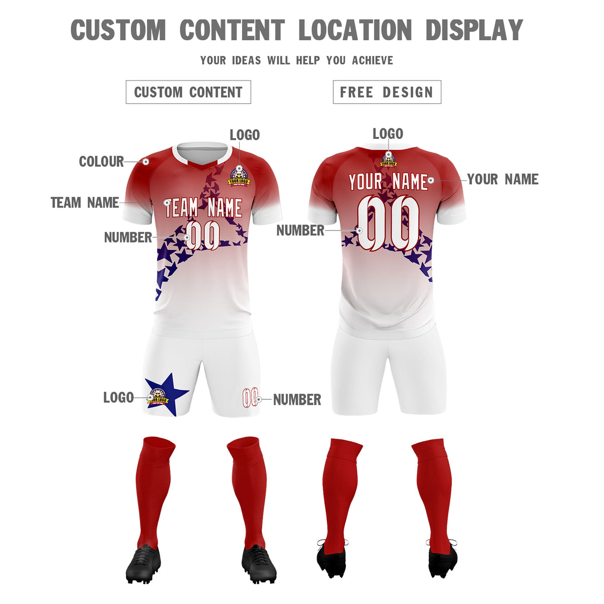Custom Red Royal America Star World Cup Inspired Quick-Drying Gradient Fashion Soccer Sets Jersey