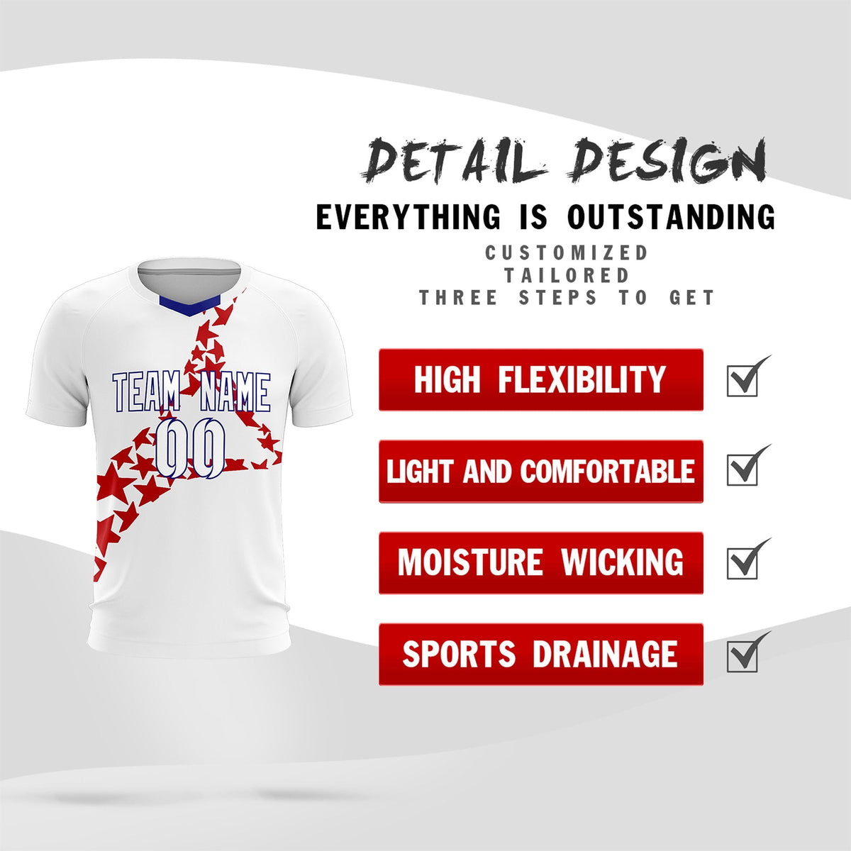 Custom White Red America Star World Cup Inspired Lightweight Graffiti Pattern Soccer Sets Jersey