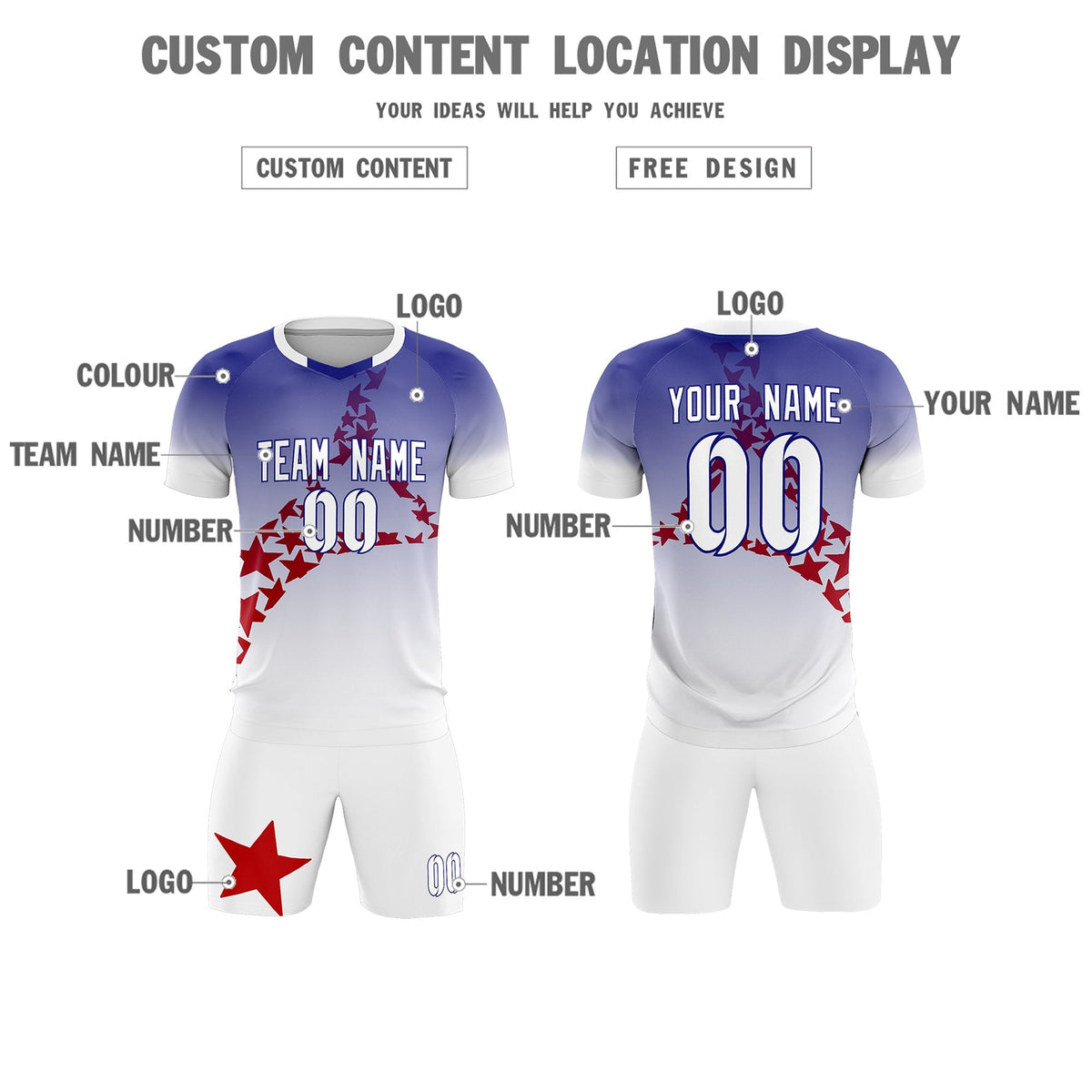 Custom Royal Red America Star World Cup Inspired Drapable Gradient Fashion Soccer Sets Jersey