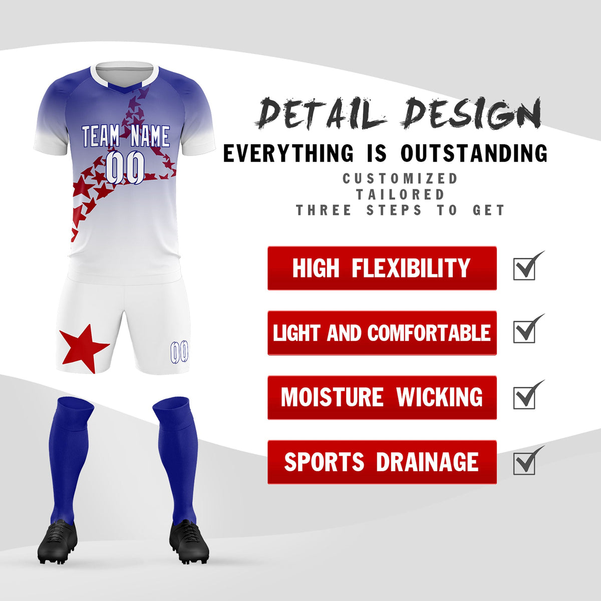 Custom Royal Red America Star World Cup Inspired Drapable Gradient Fashion Soccer Sets Jersey
