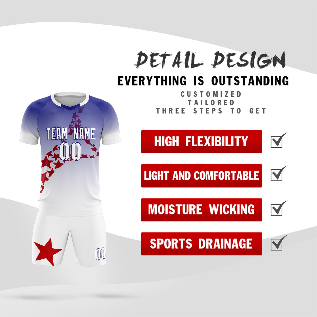 Custom Royal Red America Star World Cup Inspired Drapable Gradient Fashion Soccer Sets Jersey