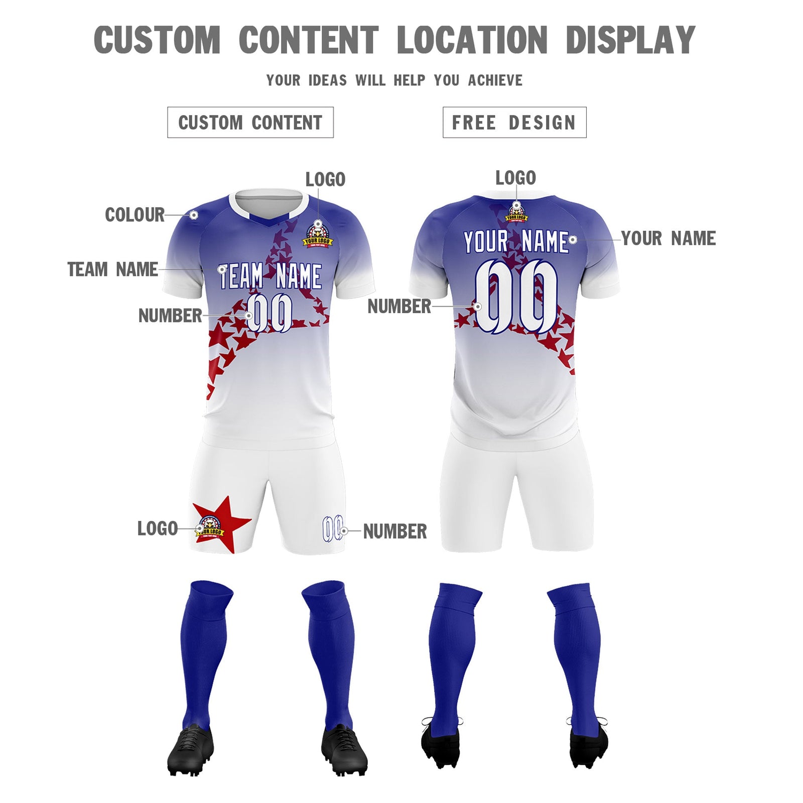 Custom Royal Red America Star World Cup Inspired Drapable Gradient Fashion Soccer Sets Jersey