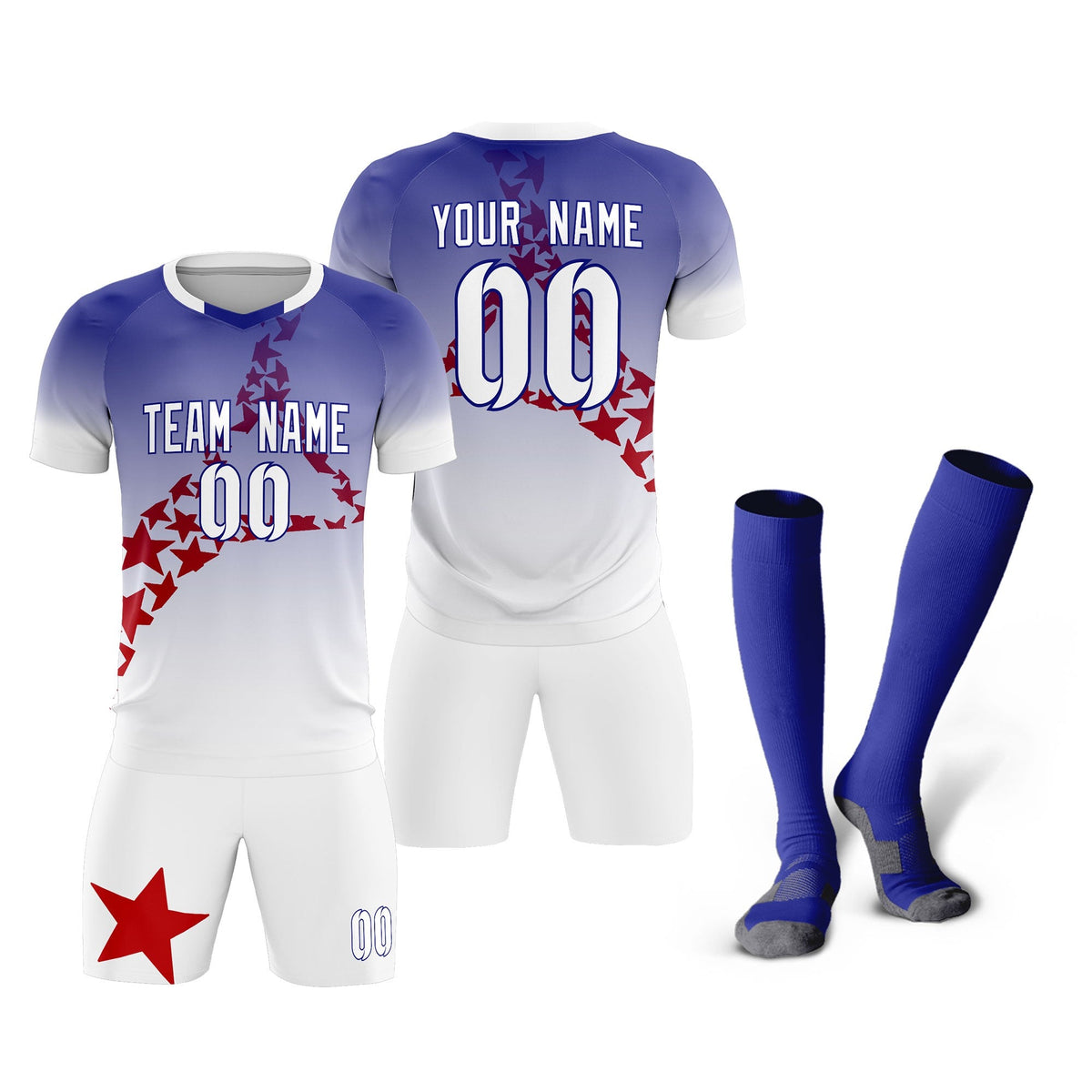 Custom Royal Red America Star World Cup Inspired Drapable Gradient Fashion Soccer Sets Jersey