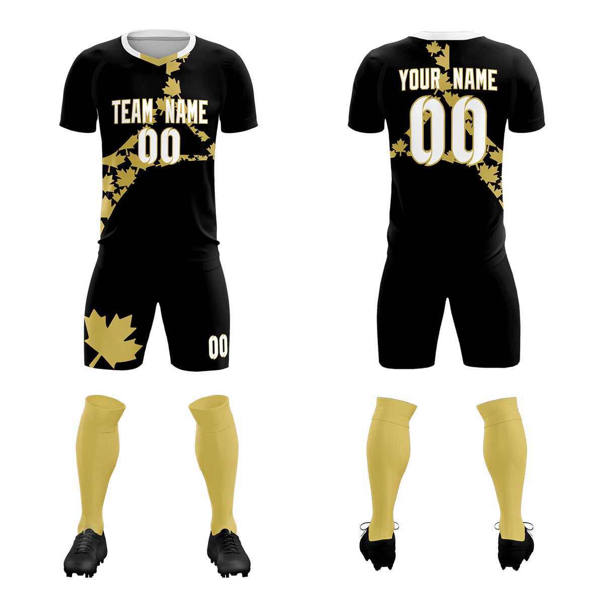 Custom Black Old Gold Canada Maple Leaves World Cup Inspired Breathable Graffiti Pattern Soccer Sets Jersey