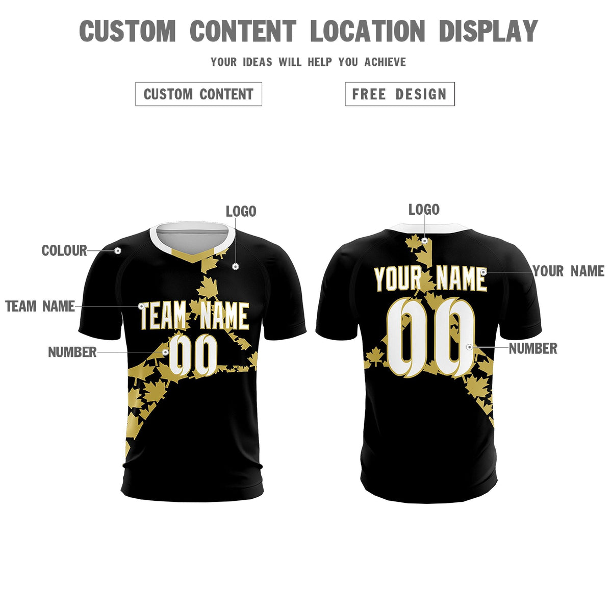 Custom Black Old Gold Canada Maple Leaves World Cup Inspired Breathable Graffiti Pattern Soccer Sets Jersey