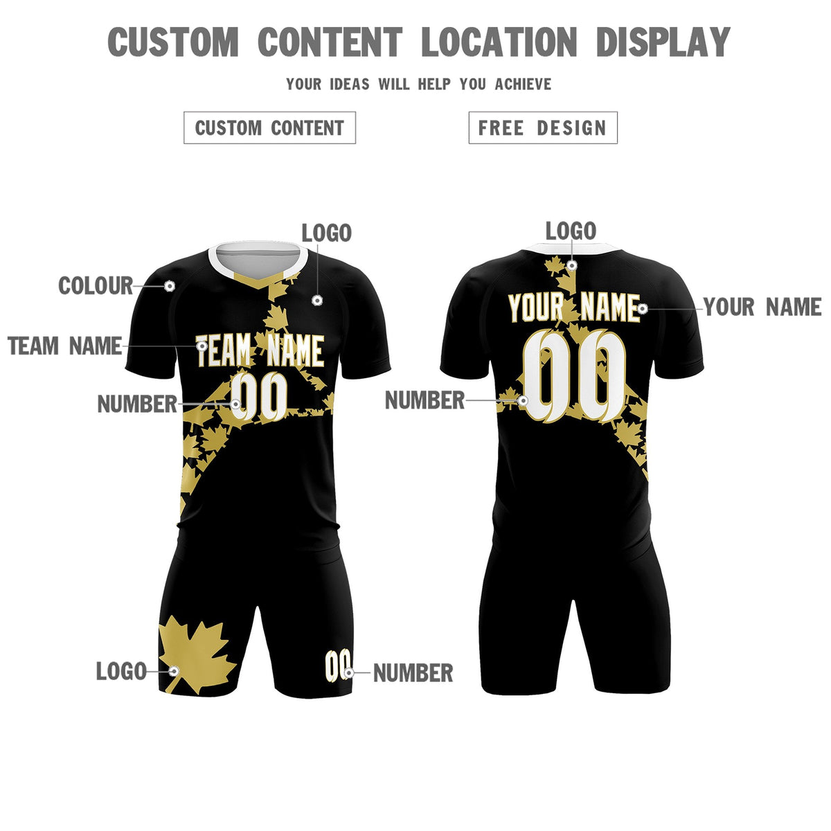 Custom Black Old Gold Canada Maple Leaves World Cup Inspired Breathable Graffiti Pattern Soccer Sets Jersey