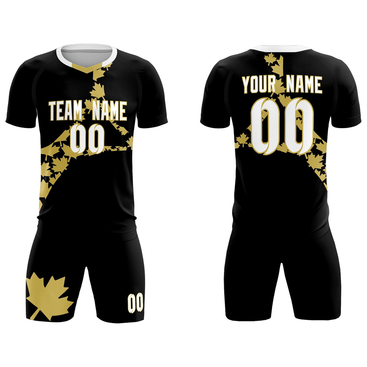 Custom Black Old Gold Canada Maple Leaves World Cup Inspired Breathable Graffiti Pattern Soccer Sets Jersey