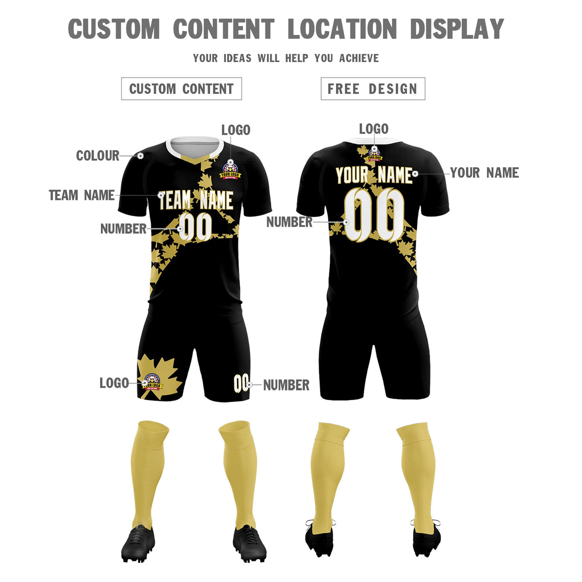 Custom Black Old Gold Canada Maple Leaves World Cup Inspired Breathable Graffiti Pattern Soccer Sets Jersey