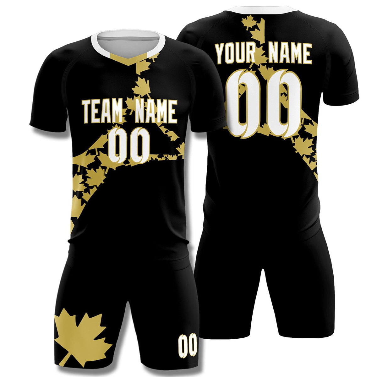 Custom Black Old Gold Canada Maple Leaves World Cup Inspired Breathable Graffiti Pattern Soccer Sets Jersey
