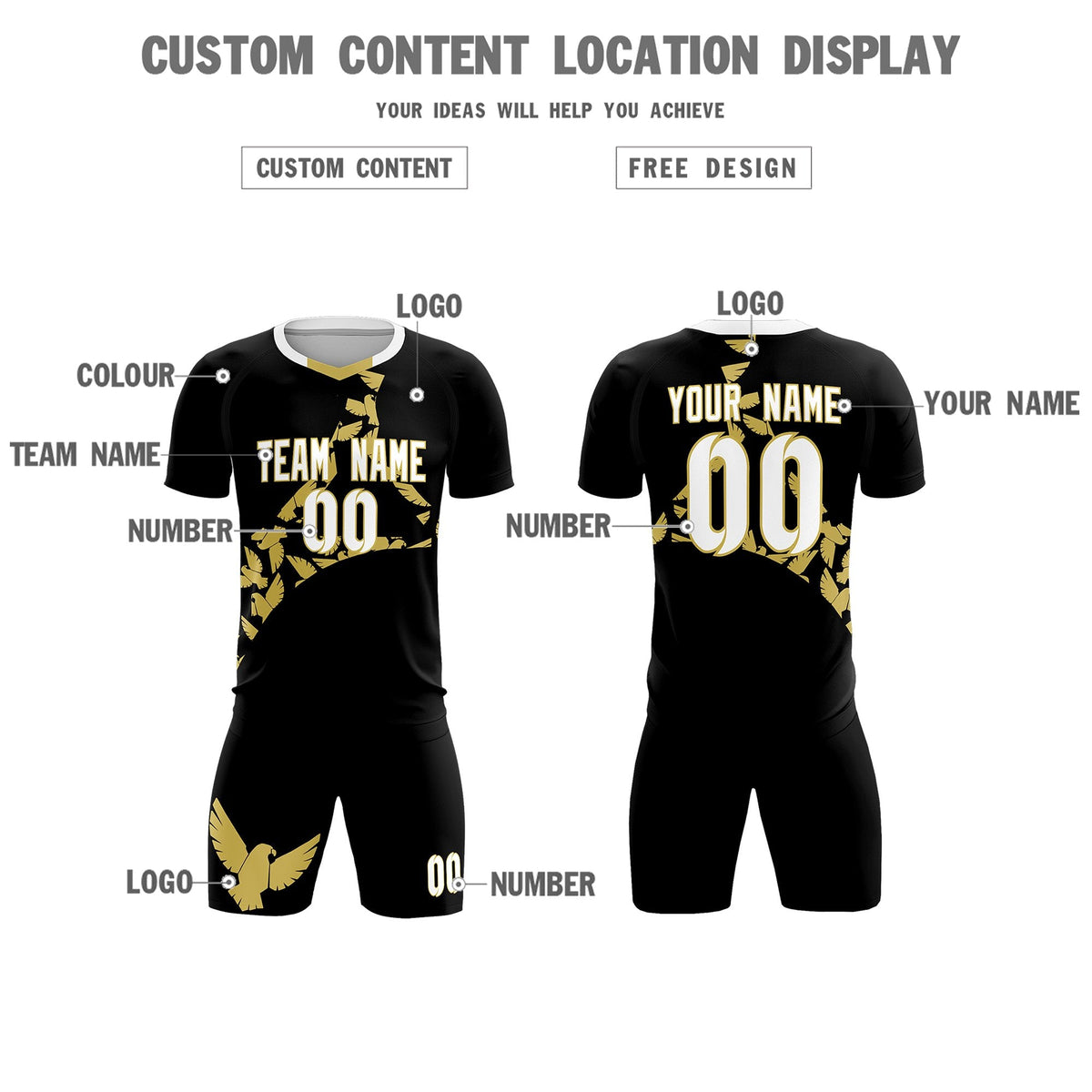 Custom Black Old Gold Mexico Eagle World Cup Inspired Quick-Drying Graffiti Pattern Soccer Sets Jersey