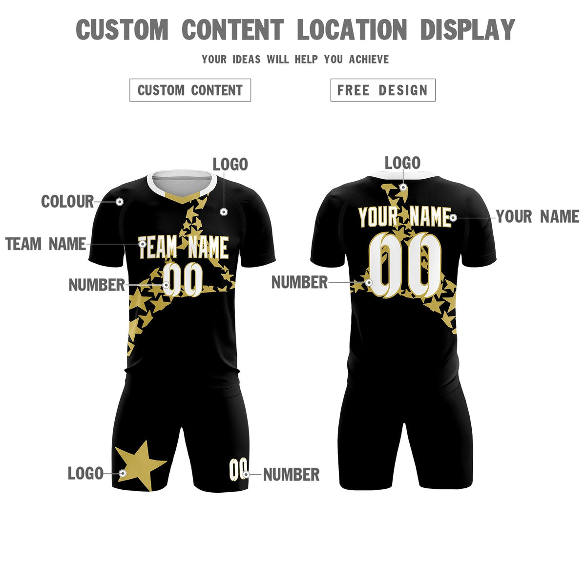 Custom Black Old Gold America Star World Cup Inspired Lightweight Graffiti Pattern Soccer Sets Jersey