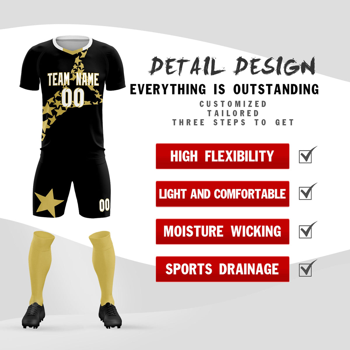 Custom Black Old Gold America Star World Cup Inspired Lightweight Graffiti Pattern Soccer Sets Jersey